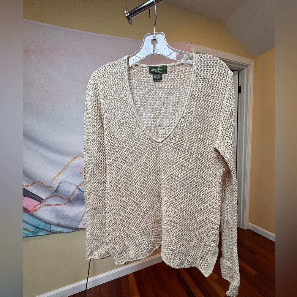 Eddie Bauer Linen Cotton Open Knit Sweater Small Vintage Cream V-Neck